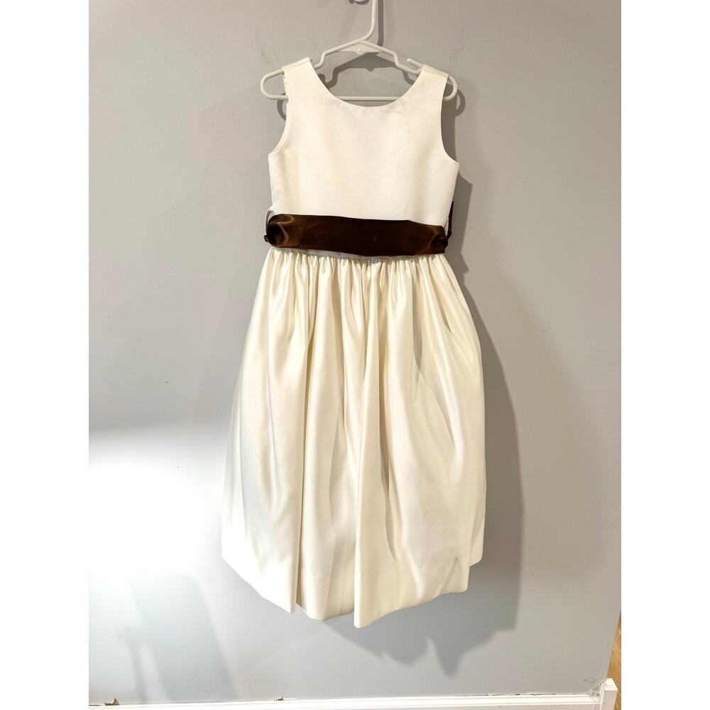 Us Angels Ivory Satin Formal Dress Girls Size 6 Brown Sash